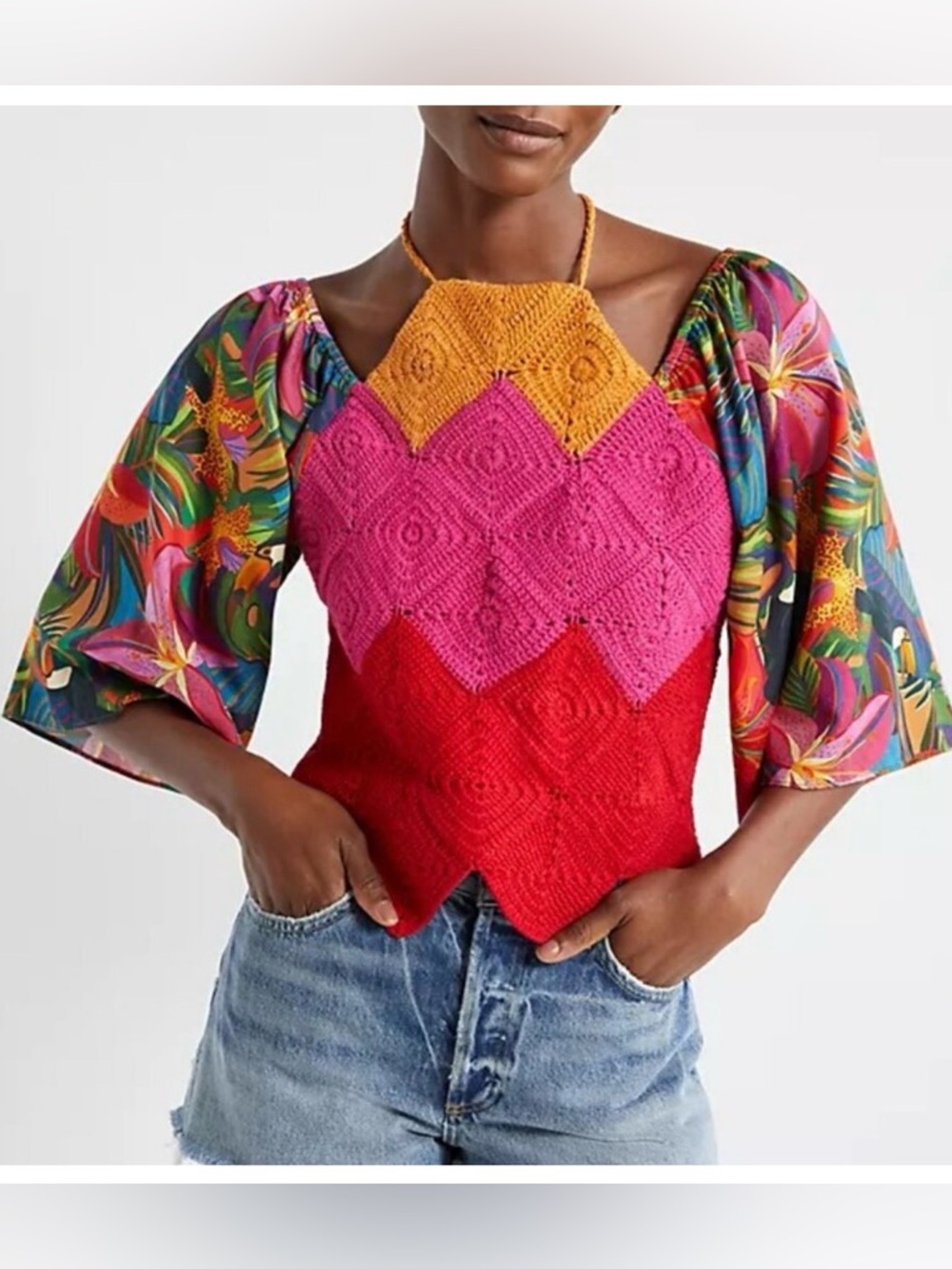 FARM Rio Multi‑Color Crochet Halter Camisole with Floral Puff Sleeves BNWT